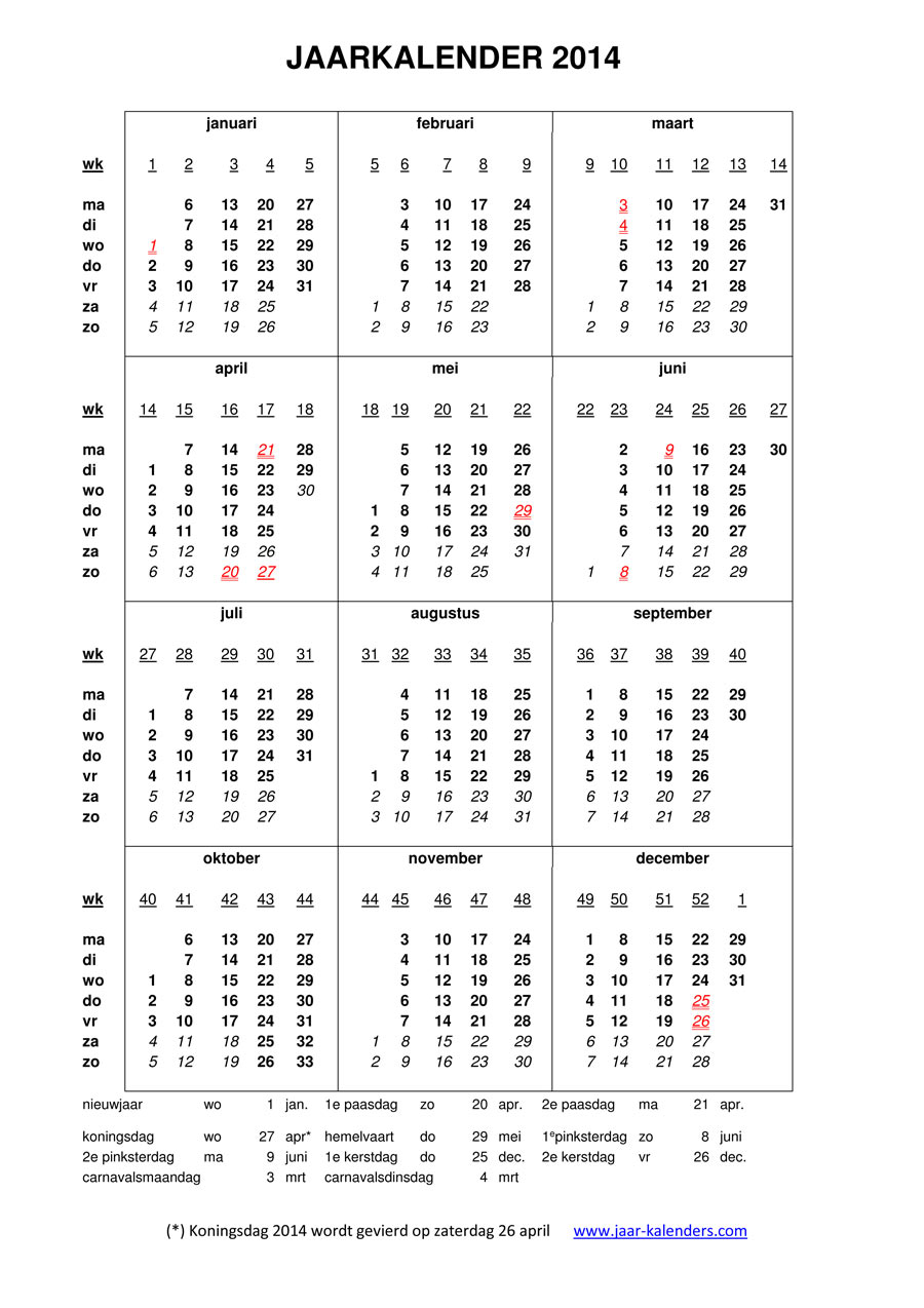 jaar kalender 2014 uitprinten