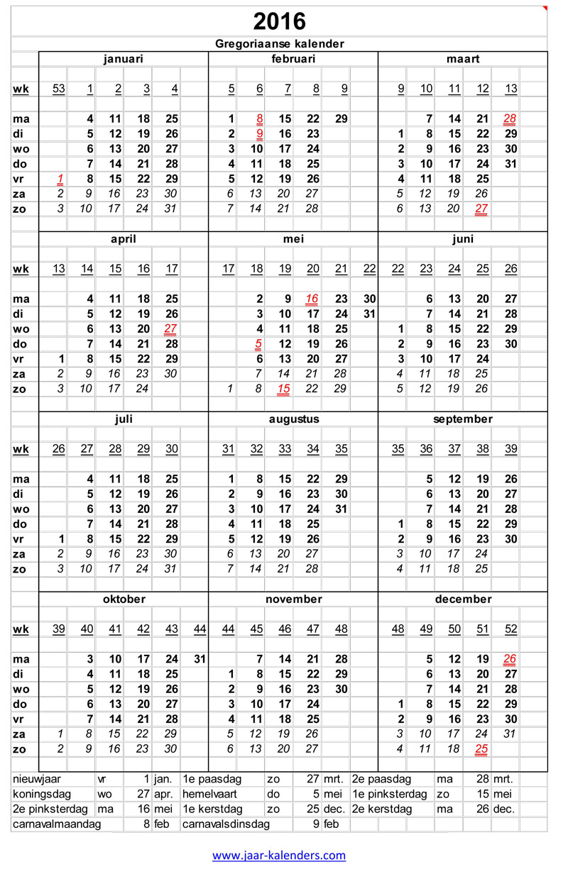jaar kalender 2016 uitprinten