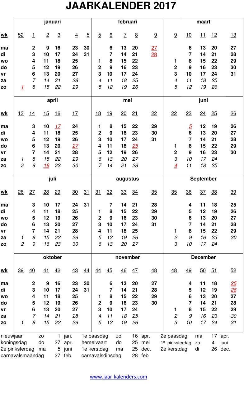 jaar kalender 2017 uitprinten