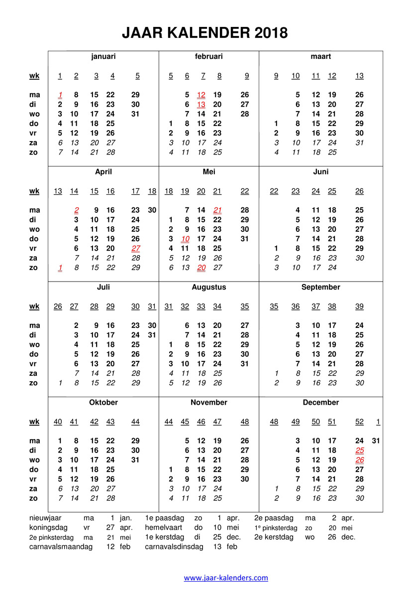 jaar kalender 2018 uitprinten